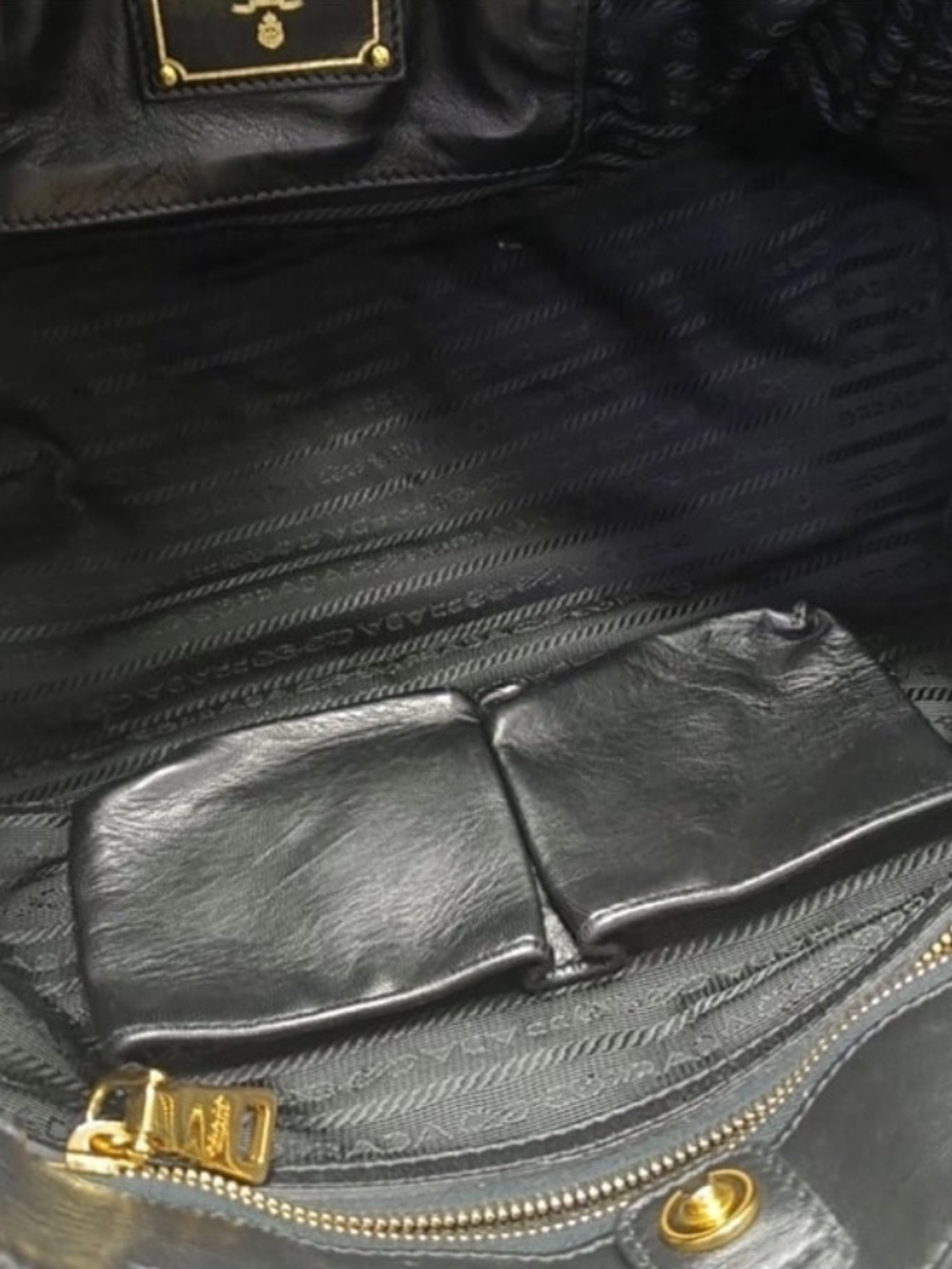 Prada⭐️Black Ruched Leather Tote with Gold-Tone Hardware. Vintage! - Picture 7 of 9